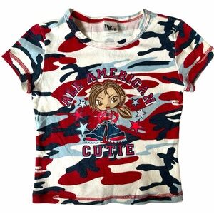 Vintage Y2K red white and blue baby tee with cute graphic print